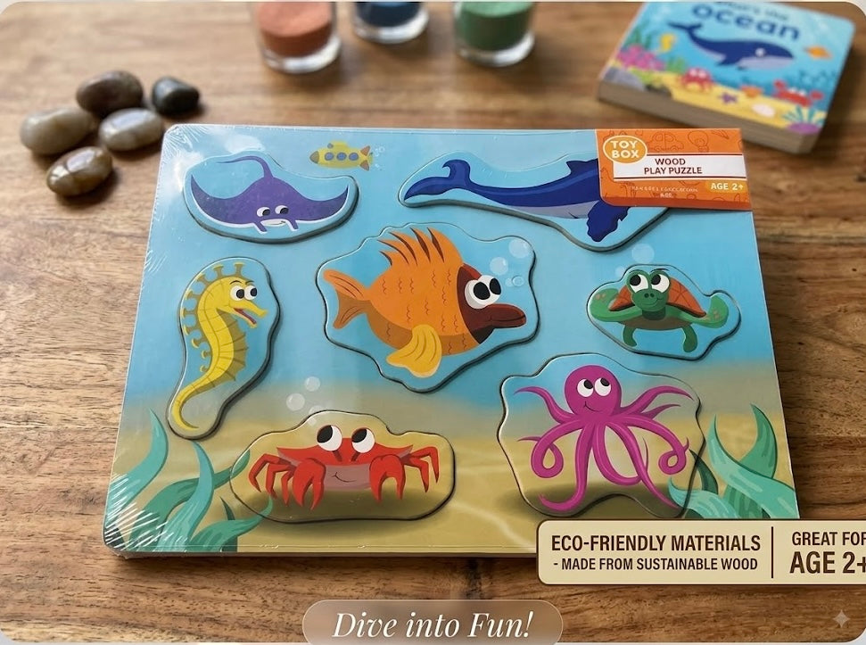 Wooden Ocean Animals Peg Puzzle for Toddlers | Under the Sea Fine Motor Skill Toy (Ages 2+)