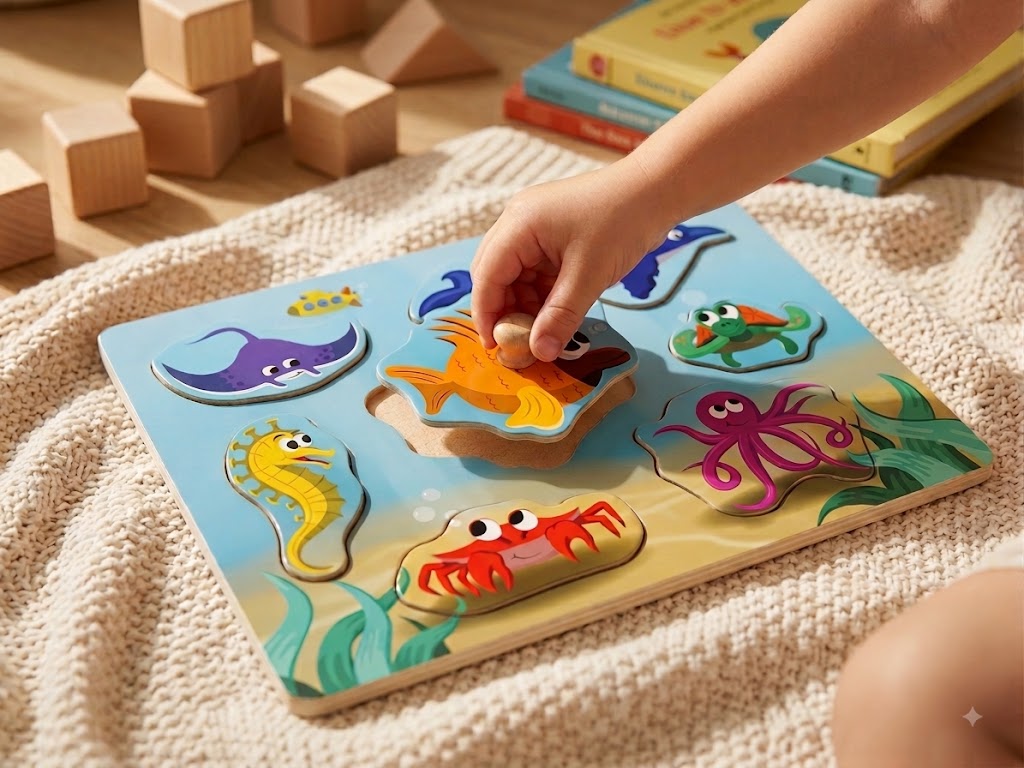 Wooden Ocean Animals Peg Puzzle for Toddlers | Under the Sea Fine Motor Skill Toy (Ages 2+)