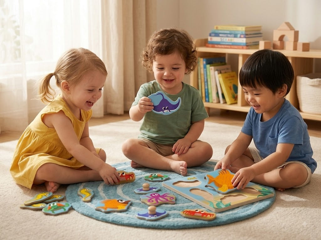 Wooden Ocean Animals Peg Puzzle for Toddlers | Under the Sea Fine Motor Skill Toy (Ages 2+)
